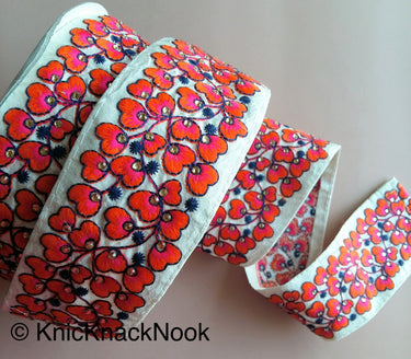 Beige Fabric Trim With Green / Orange / Fuchsia Pink Floral Embroidery, 58mm wide - 200317L454 / 55 / 56